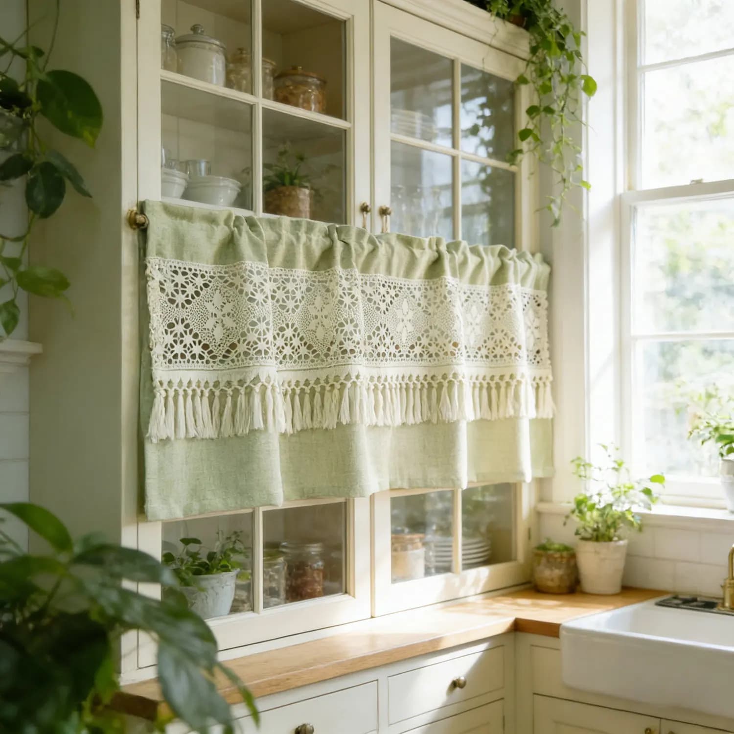 Boho Chic Tassel Short Curtains with Crochet Geometry Hollow Faux Linen Half Curtain for Kitchen, Cafe, Bathroom, Cabinet