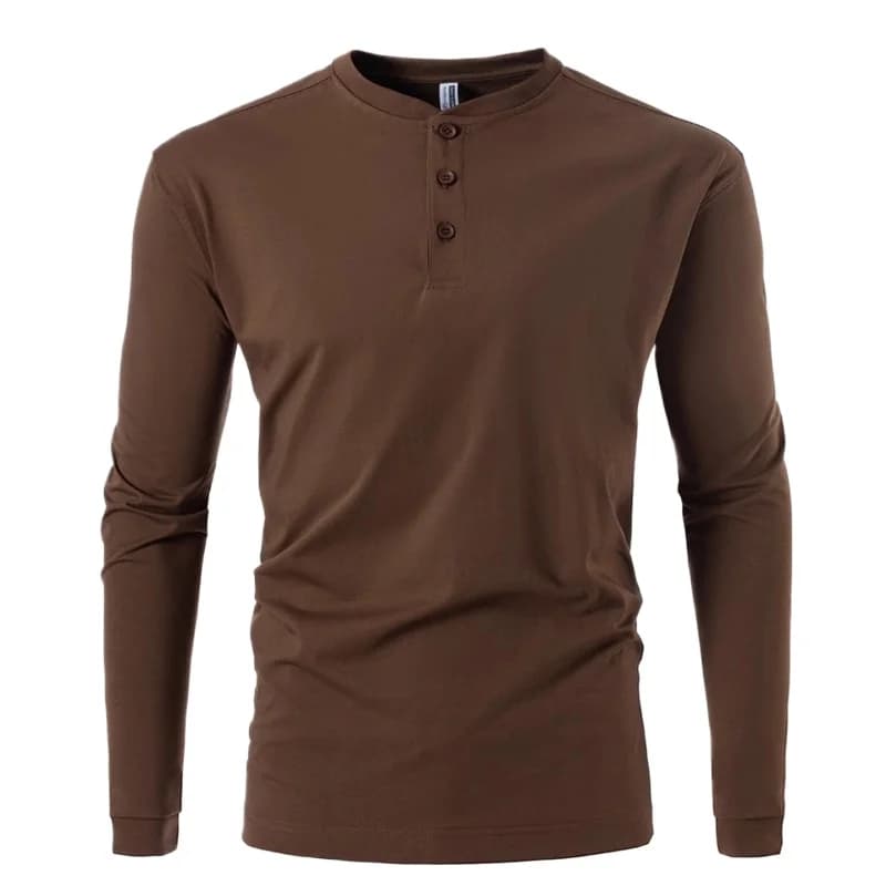 T-shirt a maniche lunghe da uomo vintage a tinta unita con colletto Henley e bottoni, firmata, di lusso, per golf