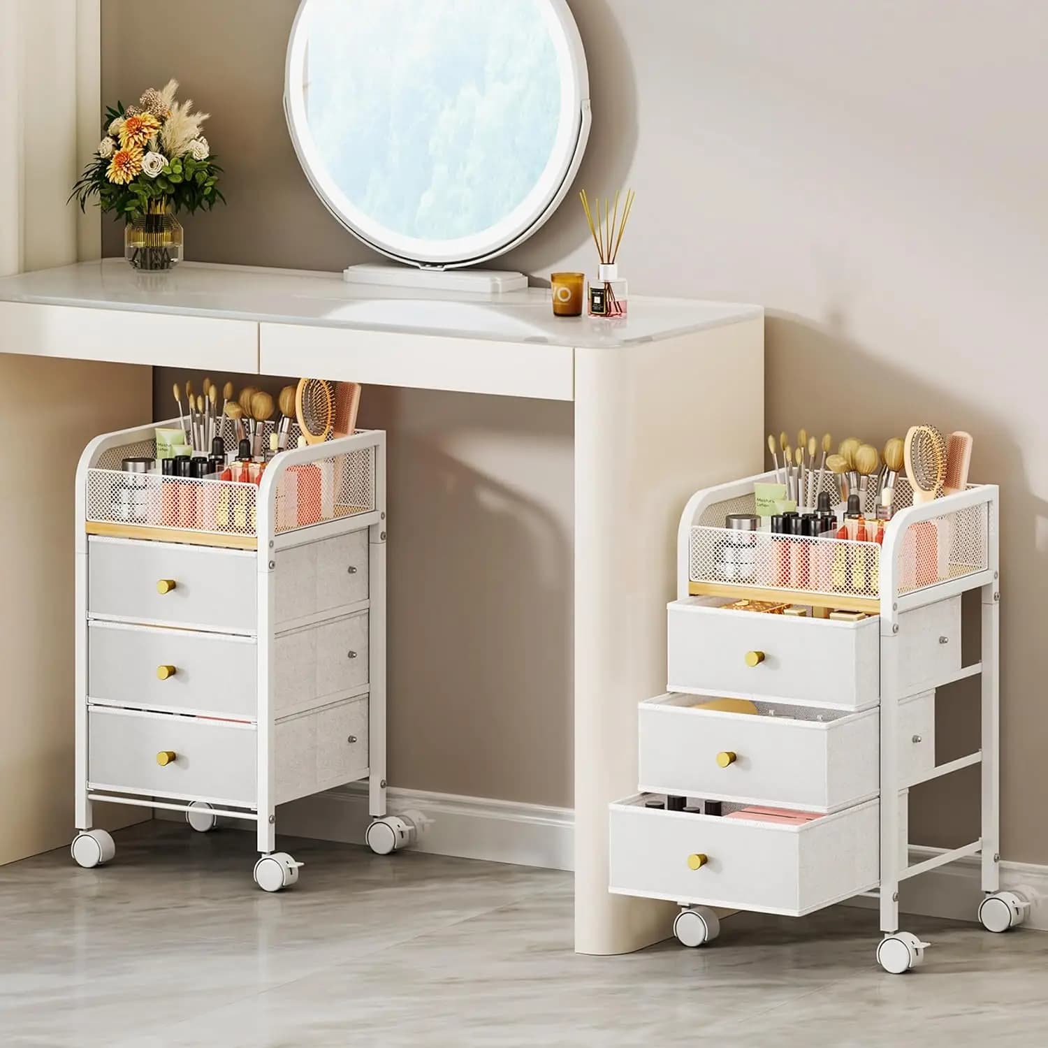 Carrello Organizzatore per Trucchi con 3 Cassetti, Contenitore Sotto Scrivania per Cosmetici, Smalti, Pennelli e Strumenti per Capelli