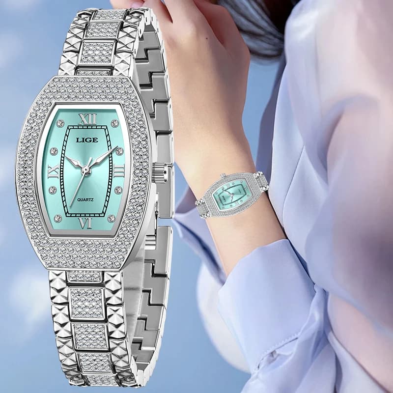 LIGE Elegant Quartz Watches for Women, Luxurious Stainless Steel Strap, Tonneau Dial, Waterproof, With Diamonds, Classic wrist watches and Fashion for Women
