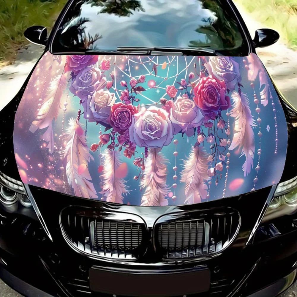 White and Red Roses Dream Catcher and Stars Car Engine Hood Vinyl Wraps Sticker, Auto Exterior Device, Waterproof Self-adhesive