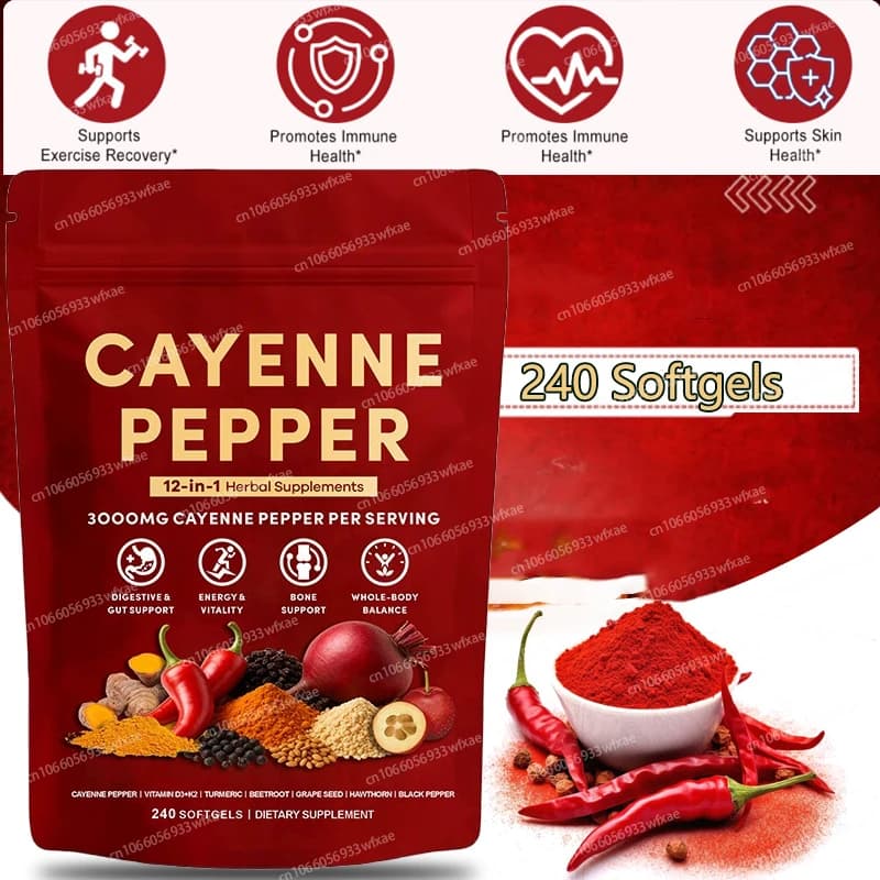 240 Softgel Integratore di Peperoncino Cayenne con Vitamina D3 K2, Curcuma Antiossidante per Proteggere le Cellule e il Metabolismo, Migliorare la Circolazione Sanguigna