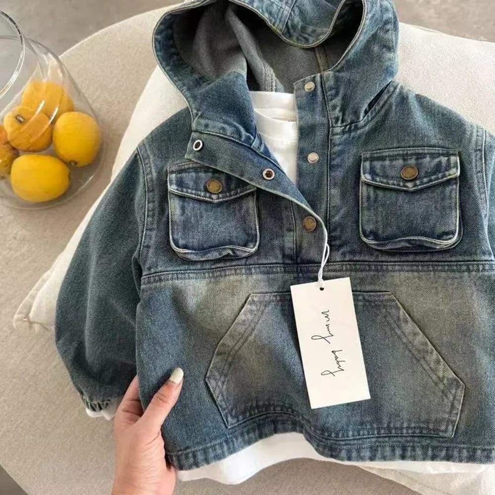 Giacca di jeans per bambini primavera e autunno 2026 Top con cappuccio per ragazzi e ragazze nuovi Cappotto per ragazzi e ragazze Abbigliamento sportivo Top per bambini