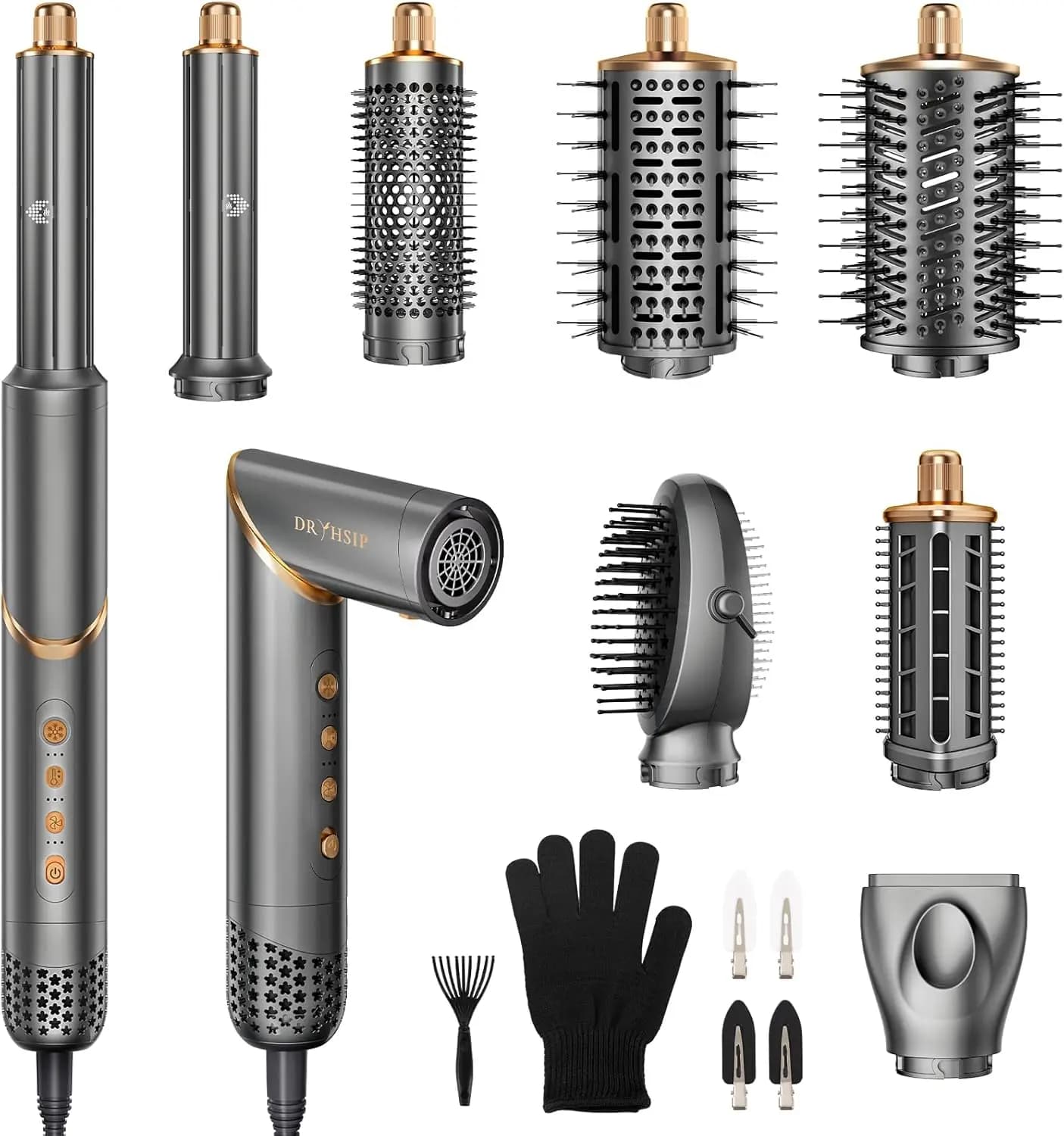Styler and Hair Dryer 8-in-1 Foldable with Ionian Technology for Fast Drying, Wrinkling and Leasing in Grey