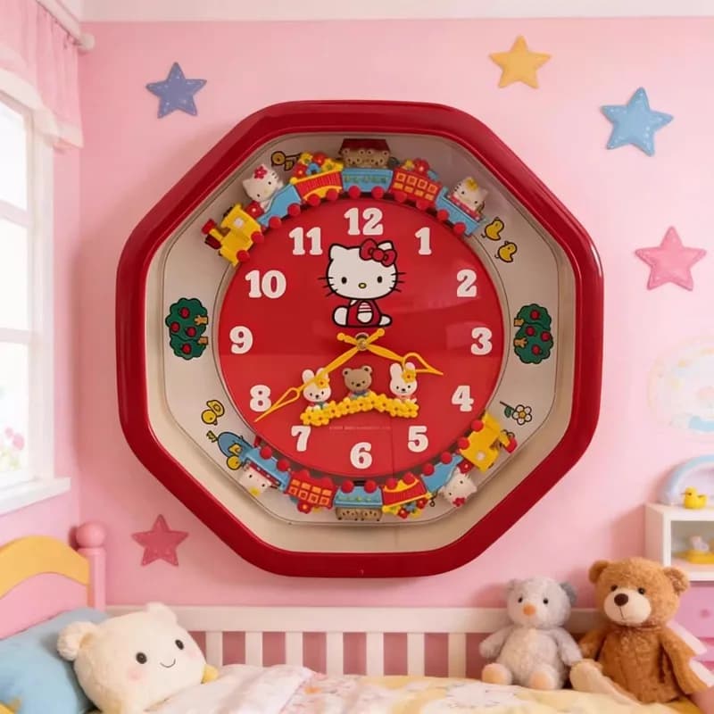 Anime Hello Kitty Theme Wall Clock with Toy Train, Sounds and Furniture Parts for Kids Room Decoration, Functional Clock