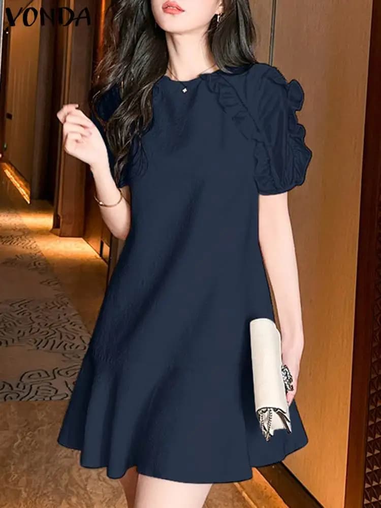 VONDA Fashion Elegant Women a-line Dress Summer Mini Sundress 2024 manica corta Casual tinta unita Robe Ruffled Beach Vestidos