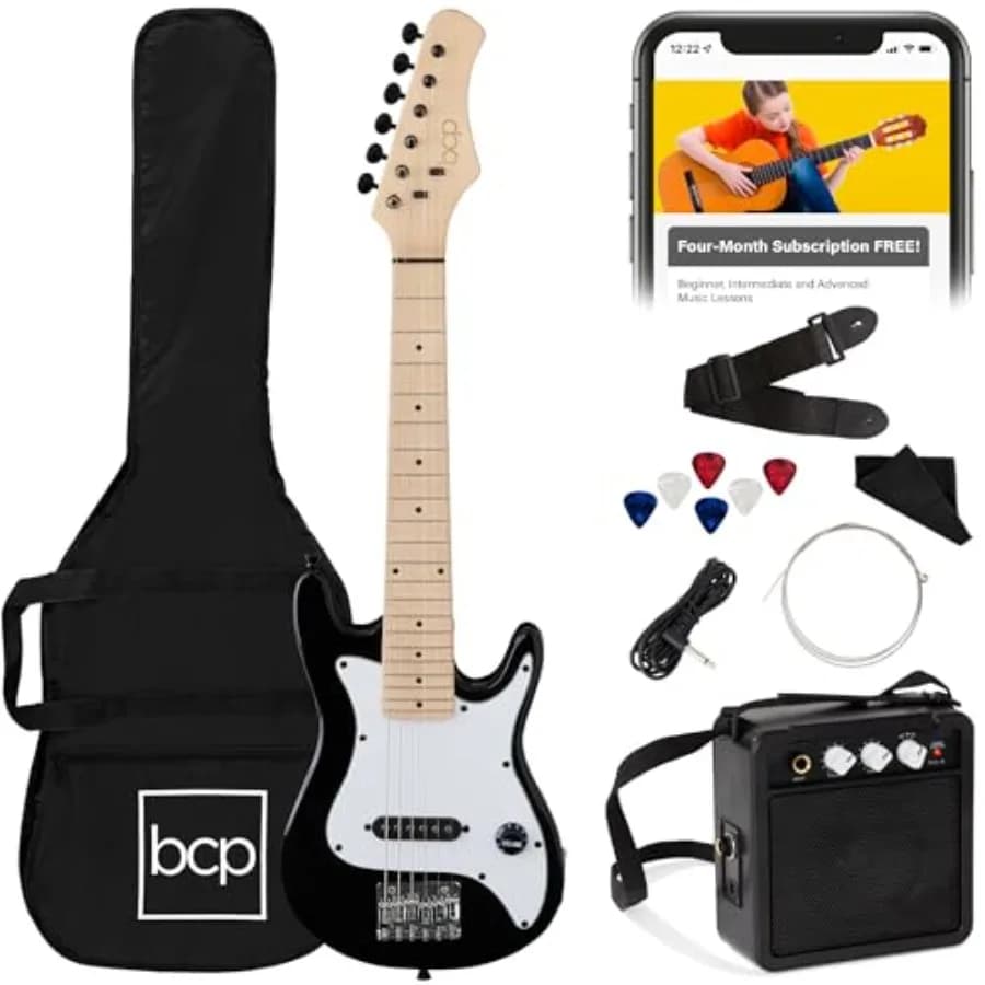 electric guitar starter kit for beginners: 30in, basswood body, black finish, includes 5W amp, strap, gig bag, strings, picks