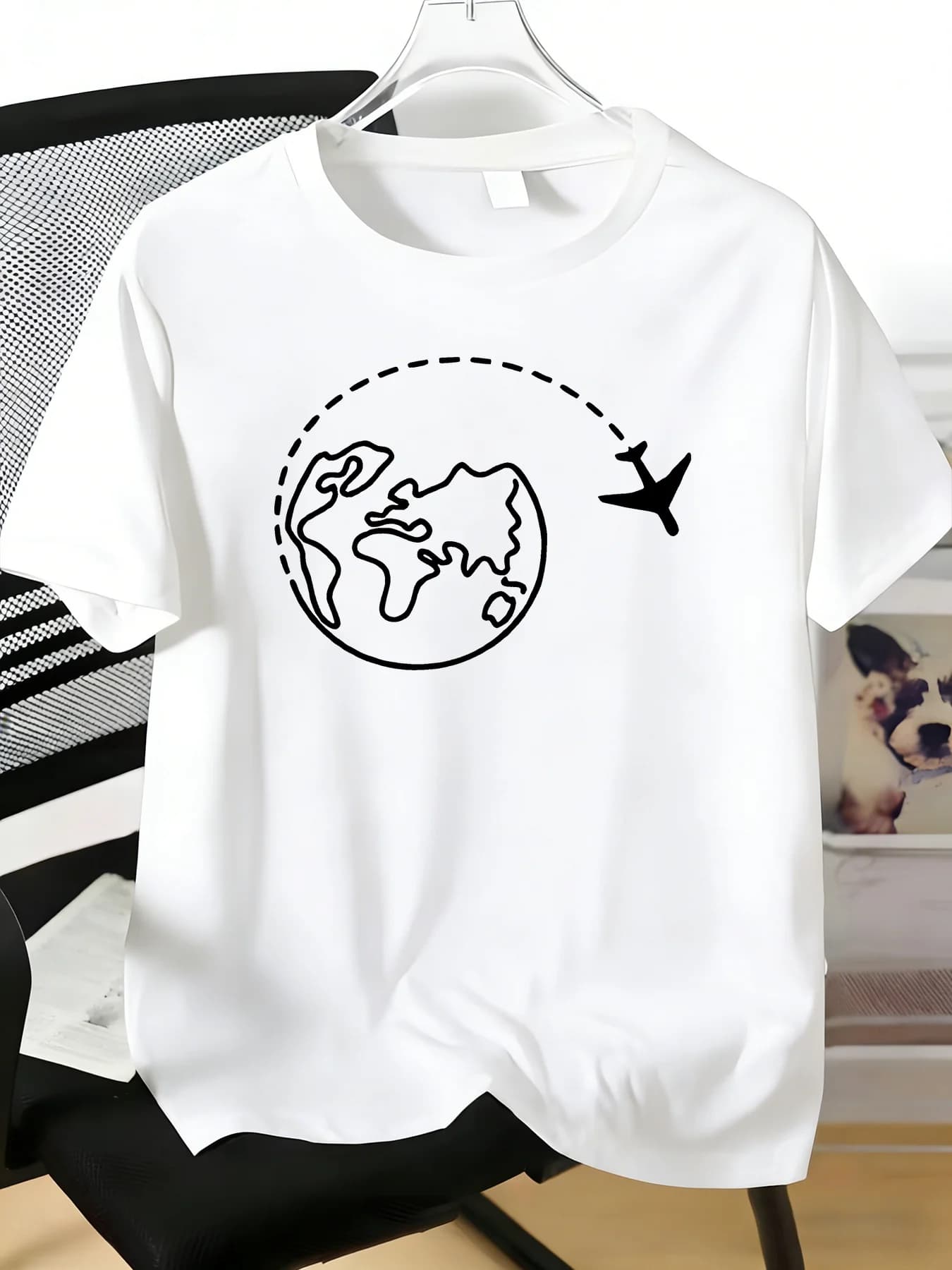 Male Bright Blue Crew Neck Tee World Map Airplane Route Print Soft Short Sleeve Backpacker Holiday Outdoor Summer Casual Shirts