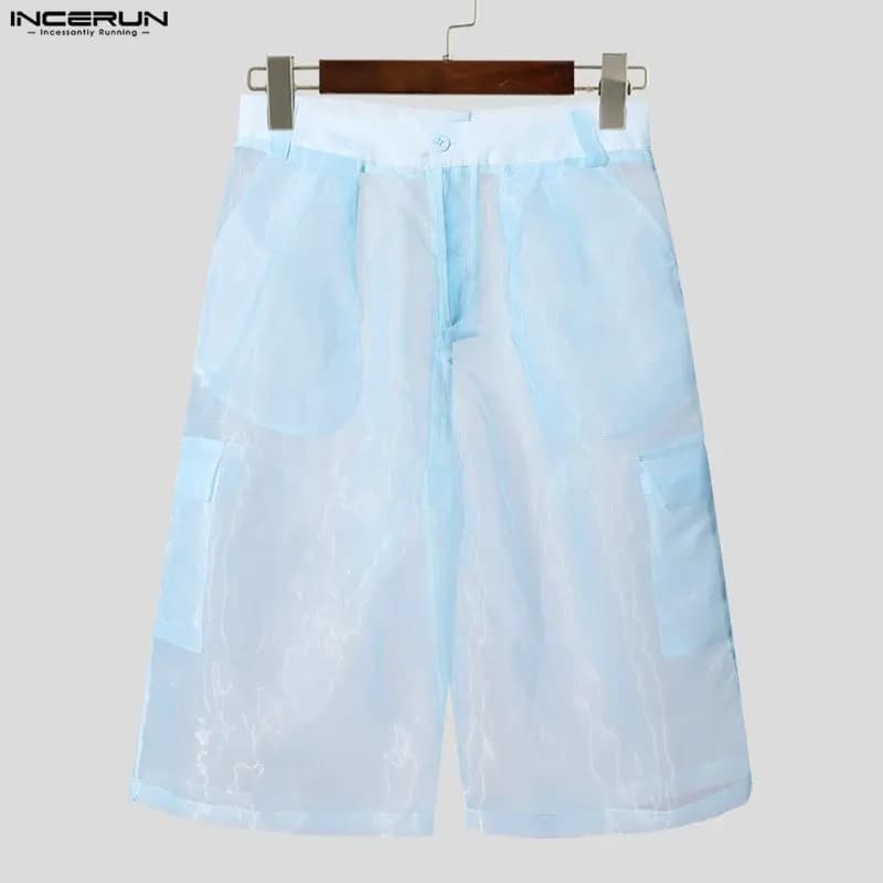 INCERUN Pantaloncini da uomo Mesh See Through Button Pantaloni da uomo oversize Streetwear Allentato Vacanza estiva Moda Pantaloncini maschili sexy S-5XL