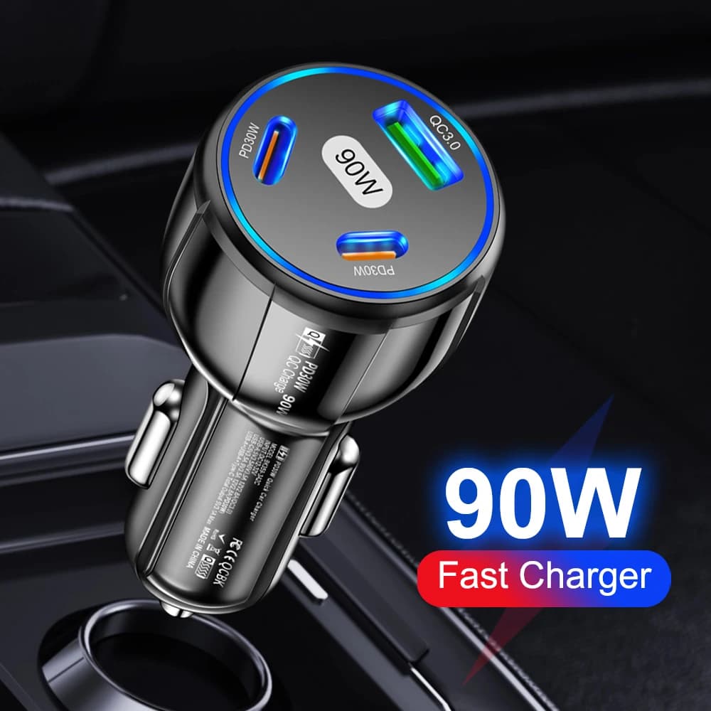Caricabatteria da auto USB PD da 90 W 3 porte Caricatore rapido USB tipo C Adattatore per telefono da auto Quick Charge 3.0 per iPhone 15 14 Xiaomi Samsung Huawei