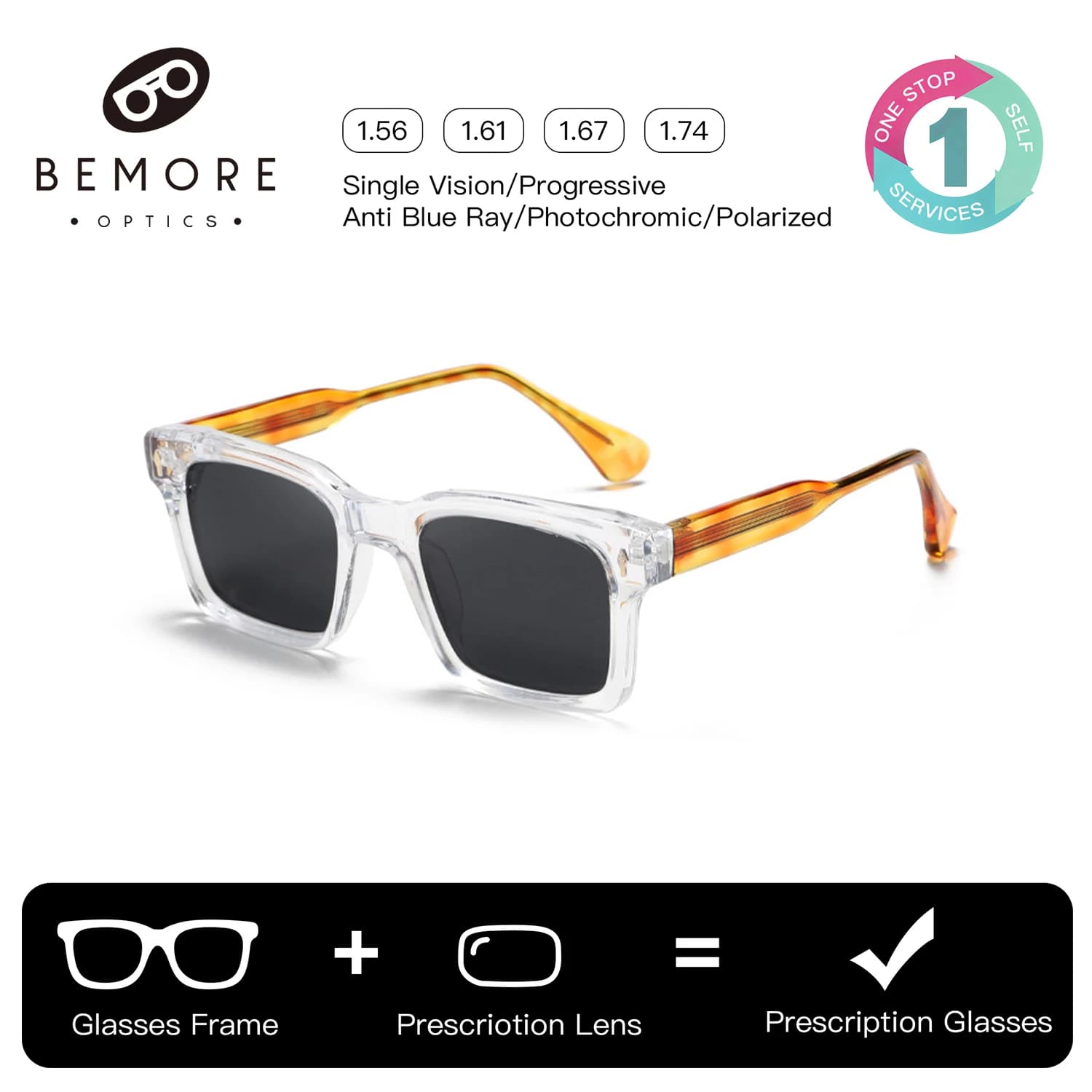BEMORE Square Prescription Sunglasses Acetate Polarized UV400 Shadow Graduated Optical Lenses Recipe Woman
