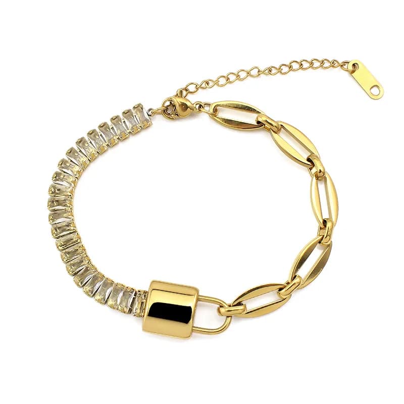Bracciale da tennis da donna alla moda in acciaio inossidabile con motivo geometrico a forma di cuore e zirconi cubici, placcato in oro 18 carati