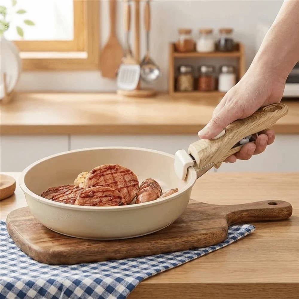 Manico in Legno Rimovibile Universale Ergonomico per Pentole e Padelle, Anti-scottatura, con Clip di Ricambio