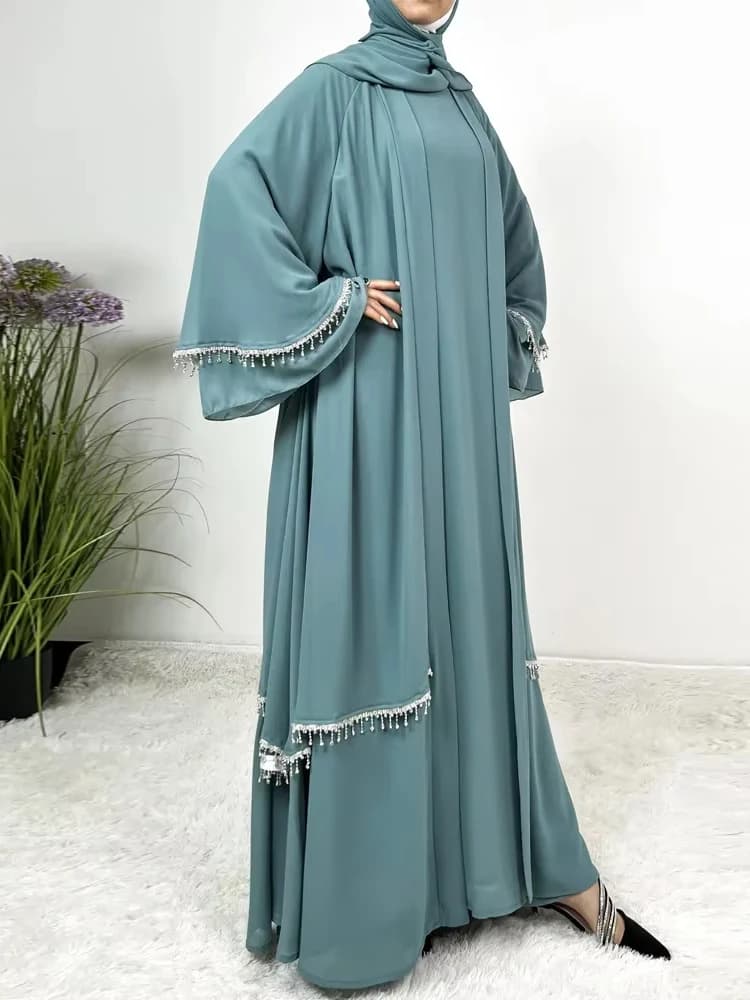 Donne Abaya 4 Pezzi Set Abito Caftano Islam Abiti Eid Sciarpa Musulmana Telai Arabo Abito Lungo Jalabiya Ramadan Marocco Dubai Abaya