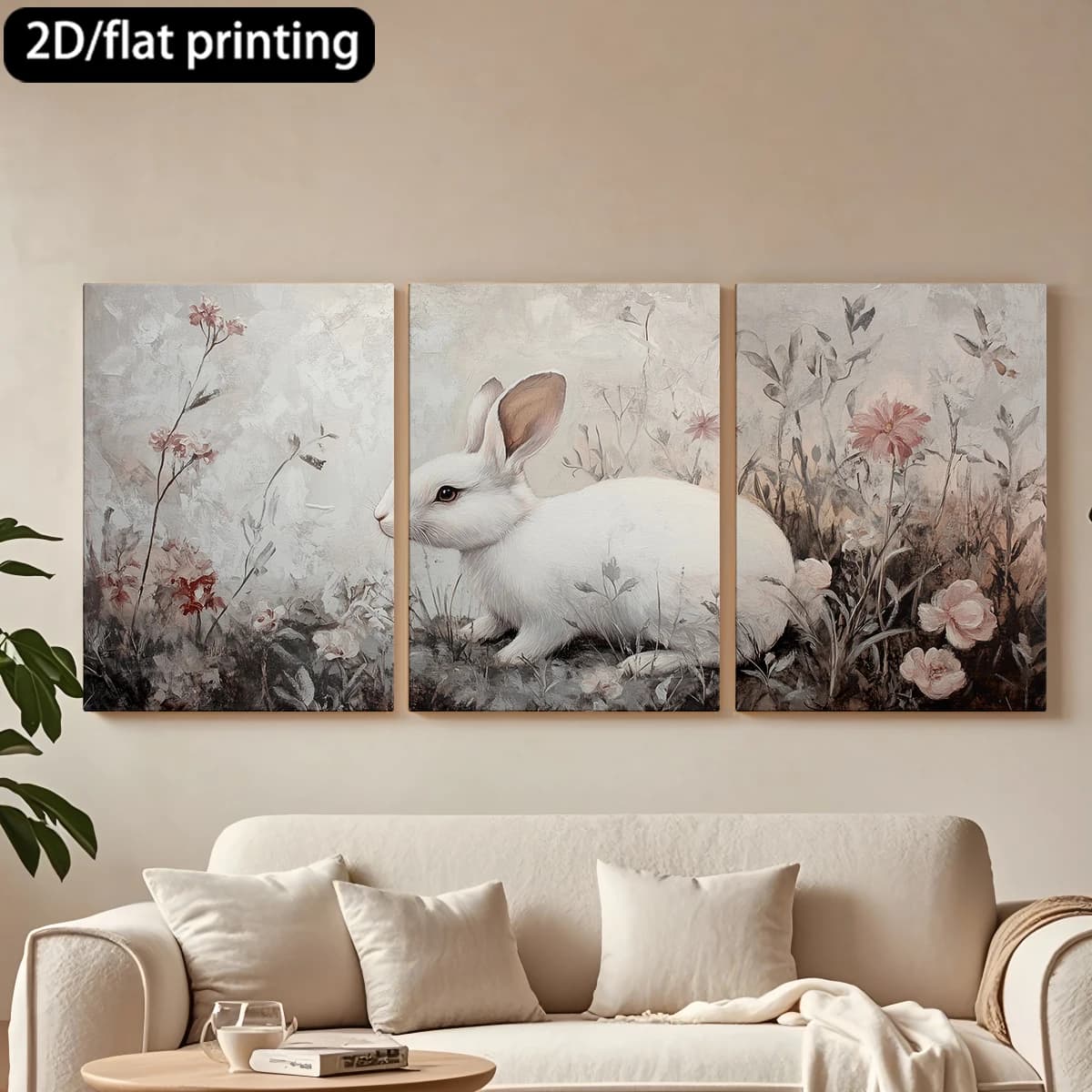 Dipinto decorativo su tela con cornice in legno, 3 pezzi. Squisito coniglio bianco, prato floreale. Decorazione per corridoio e camera da letto.