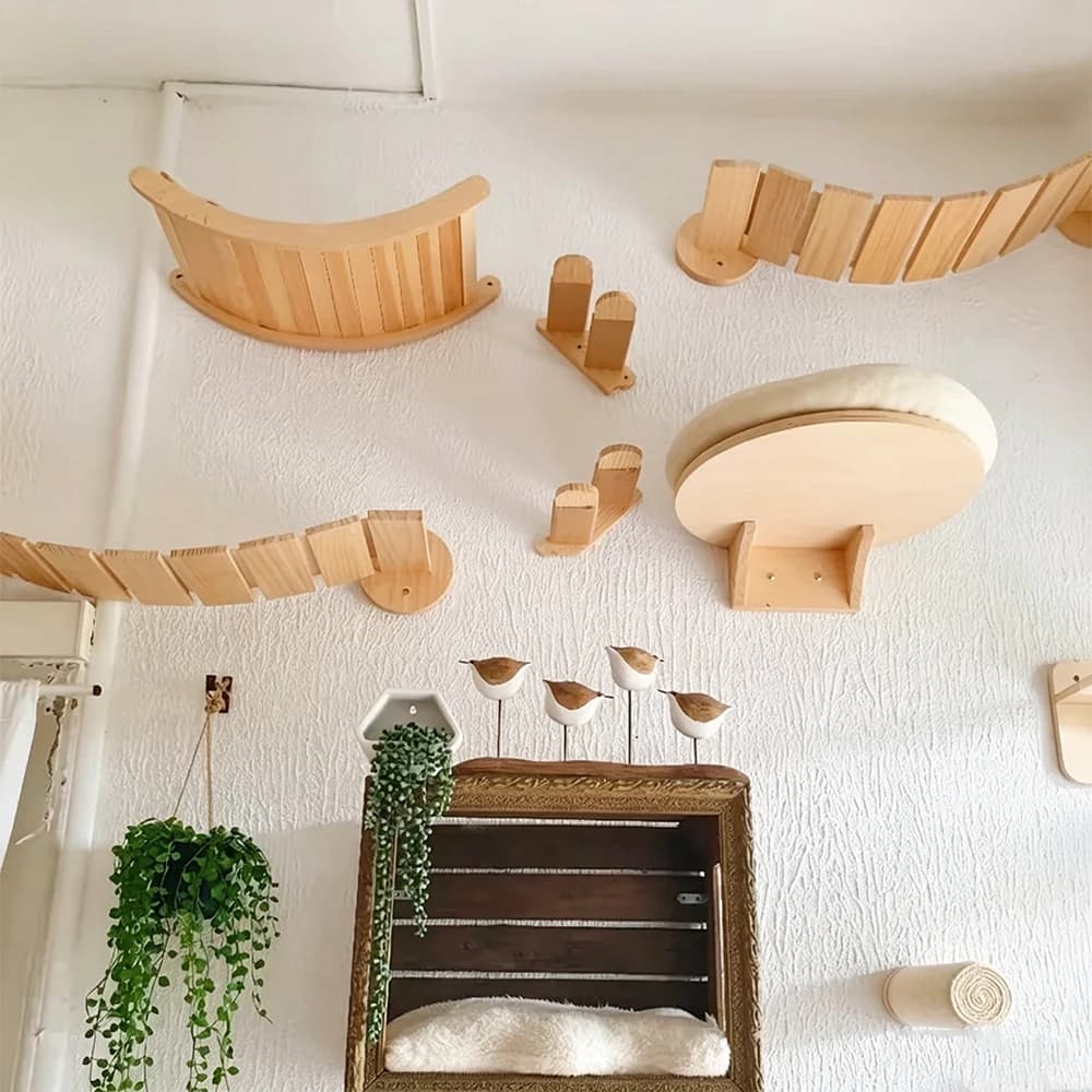 Wall Mounted Cat Furniture Cat Climbing Shelves with Hammock Scratcher & Cat House Indoor Cat Playground for Claw Grinding