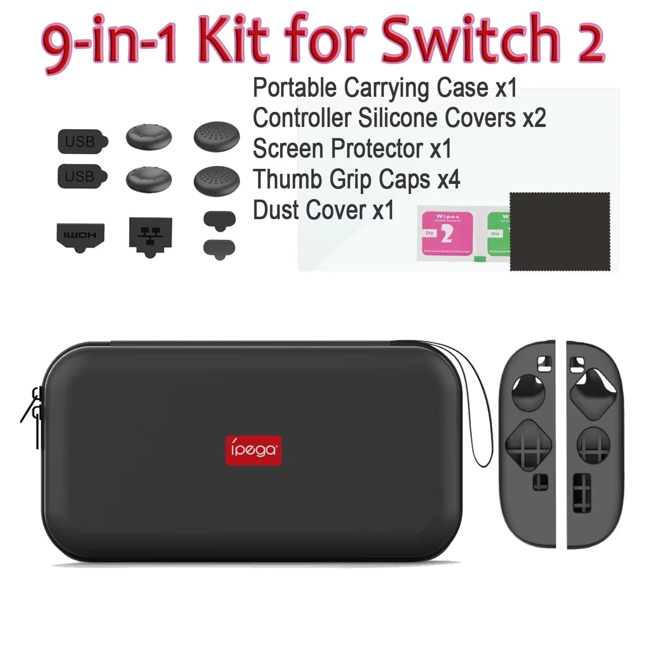 PG-SW2194P Kit 9 in 1 per Switch 2 - Custodia da trasporto, coperture Joy-Con, protezione per lo schermo e impugnature per il pollice
