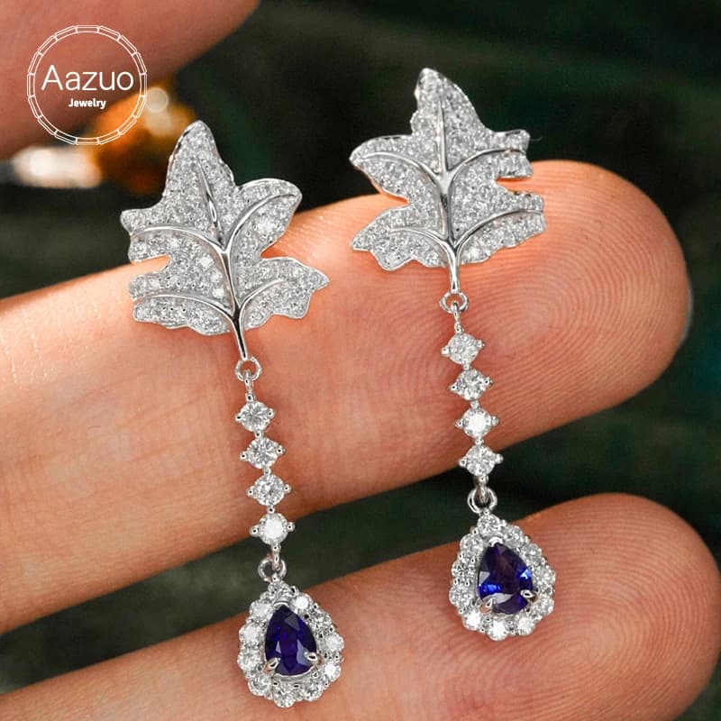 Aazuo 18 carati oro bianco naturale blu zaffiro vero diamante classico foglia d'acero orecchino dotato per le donne fidanzamento festa di nozze
