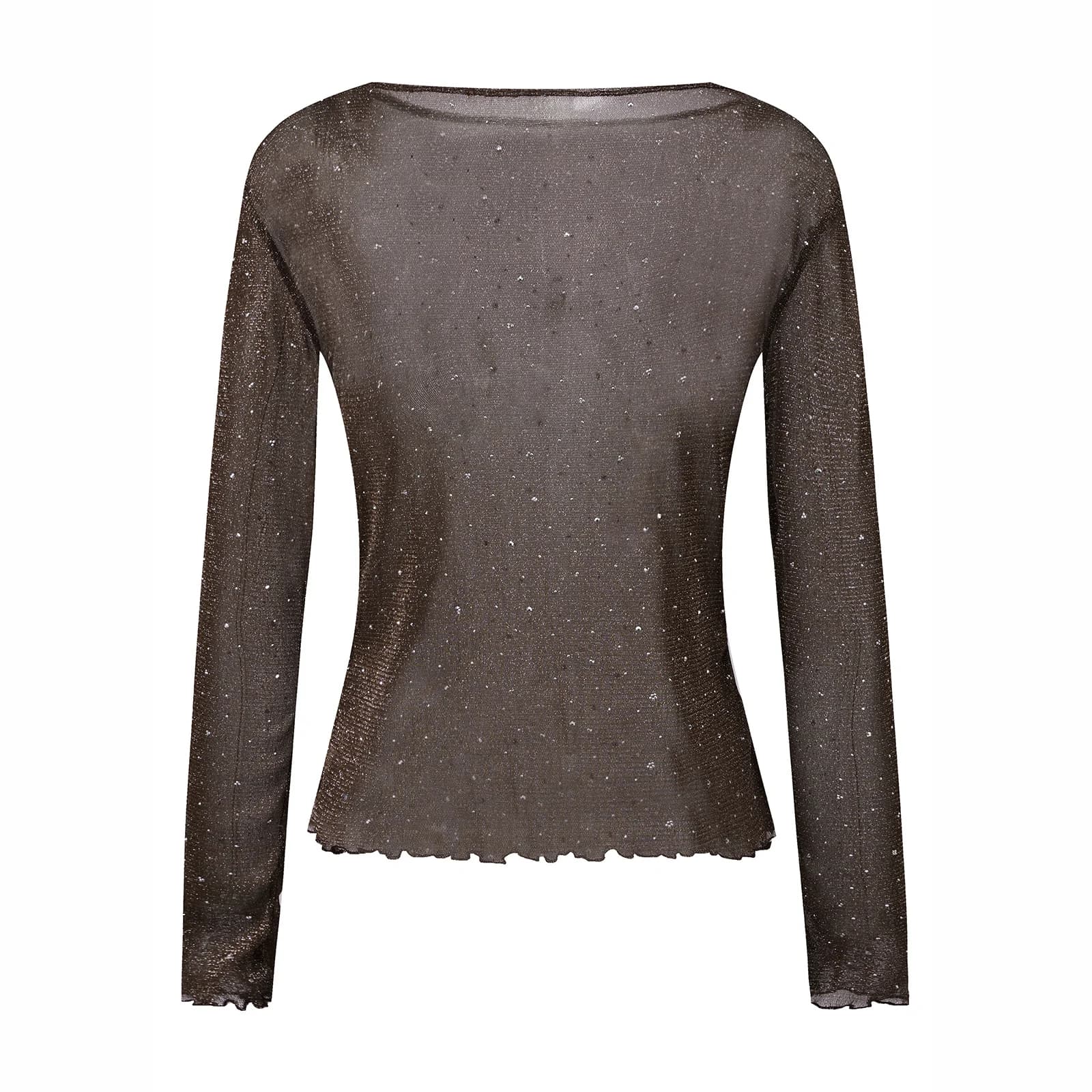 Top Trasparente con Strass per Donne, Camicia Aderente Luccicante a Maniche Lunghe con Bordo Ondulato per Uso Quotidiano, Feste e Club