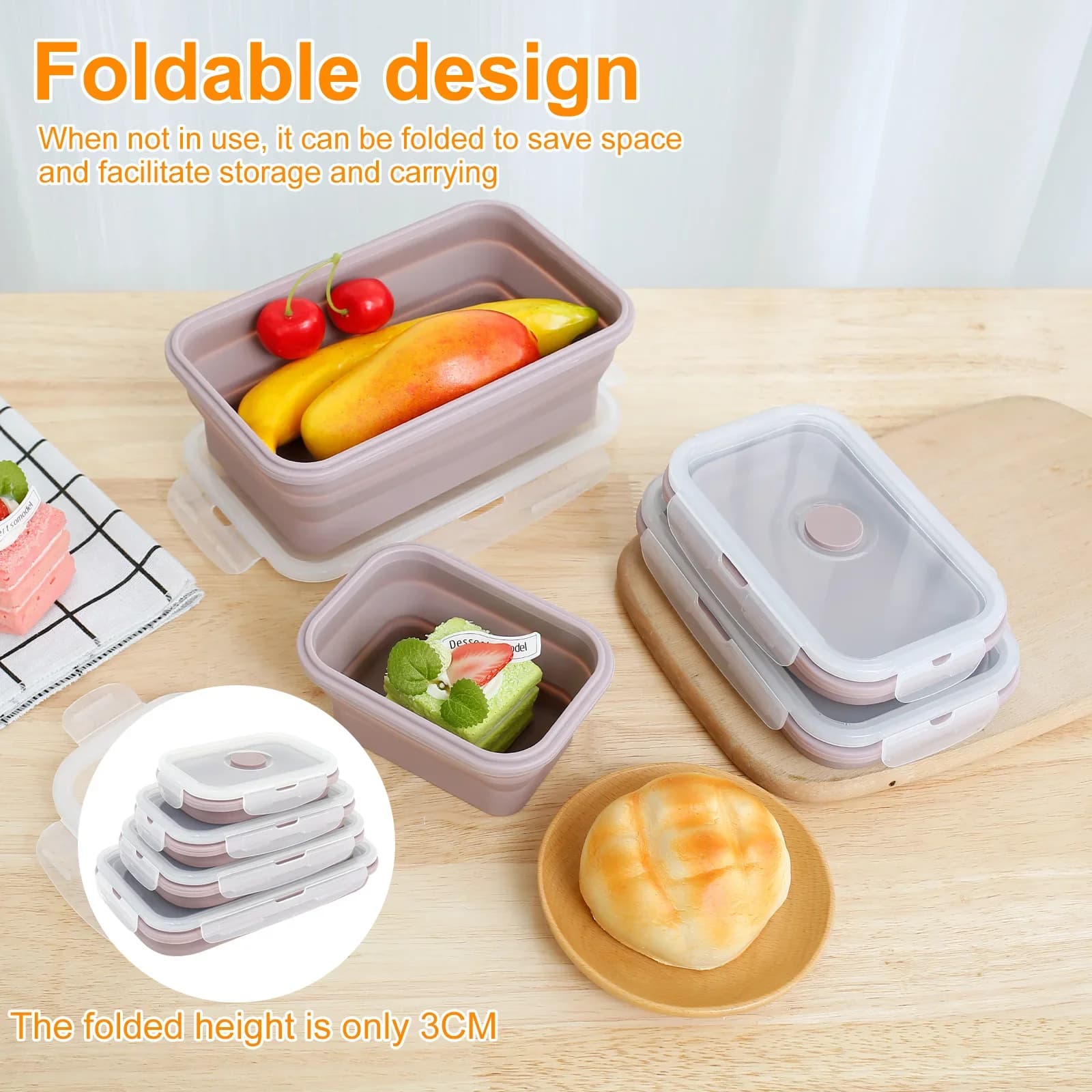 Set di 4 Contenitori per Pranzo in Silicone Pieghevoli, Scatole per Conservazione Alimenti, Contenitori per Preparazione Pasti, Adatti al Microonde, per Bambini
