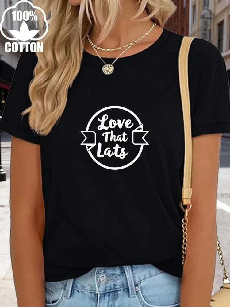 Love That Lats Women's Graphic T-shirt 180 g Cotton Round Neck Short Sleeved T-shirt Casual Black Summer to wear every day