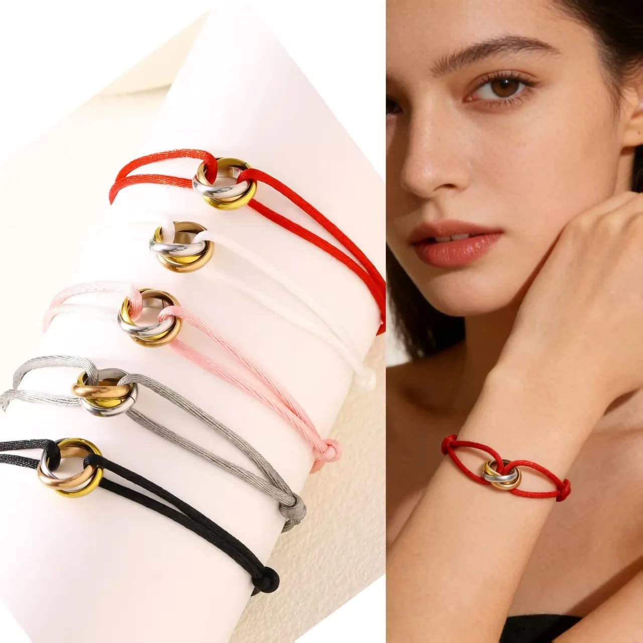 Braccialetto con Tre Anelli Intrecciati in Corda Rossa per Donne, Design Unico di Lusso Leggero, Bracciale Zodiacale Portafortuna, Stile Quotidiano per Coppie