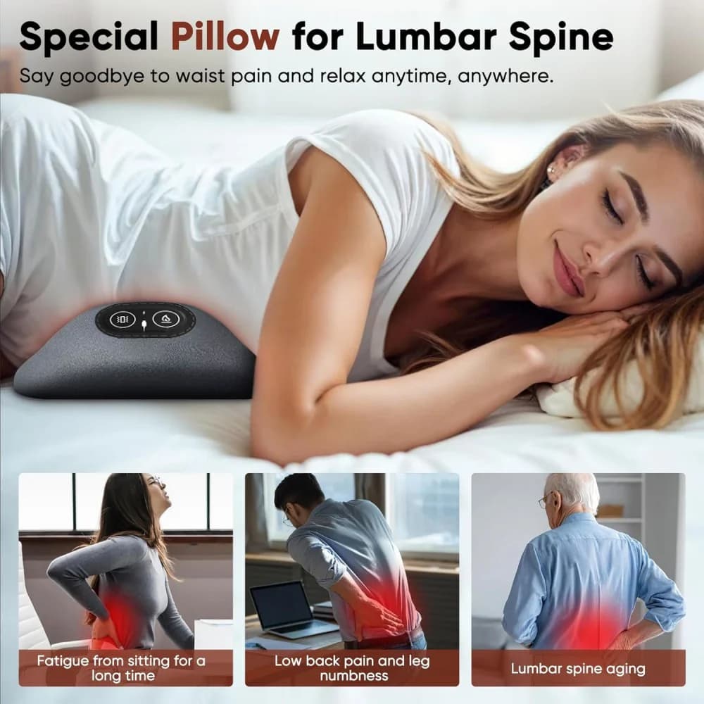 Cuscino di Supporto Lombare 3-in-1 con Vibrazione | Cuscino Ergonomico per la Parte Bassa della Schiena per Sedia da Ufficio o Letto | Massaggiatore Lombare per la Schiena