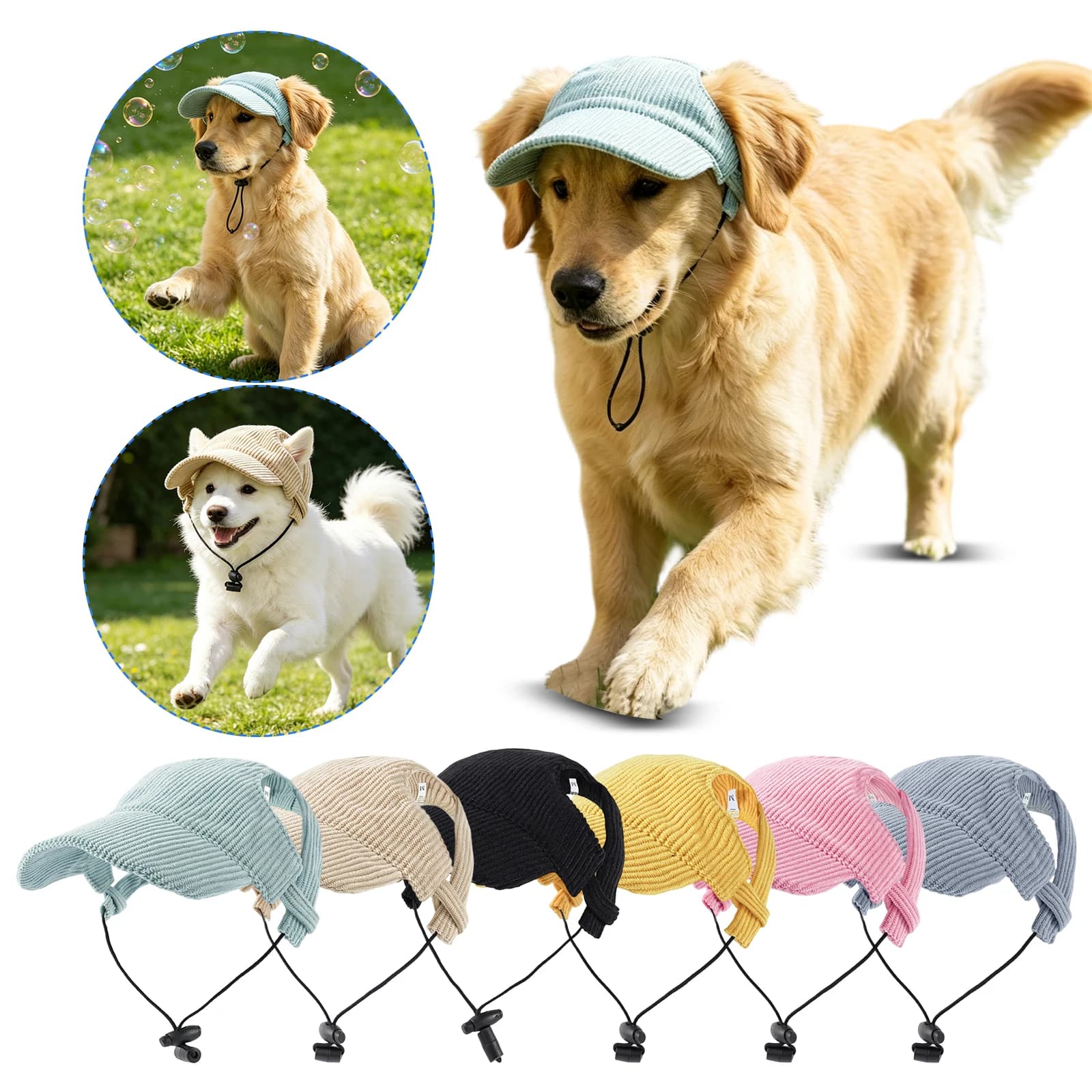 Cappello Estivo per Animali Domestici in Corduroy con Fori per le Orecchie, Cappellino da Baseball per Cani con Protezione Solare, Cappello Sportivo da Esterno, Copricapo Regolabile per Animali Domestici