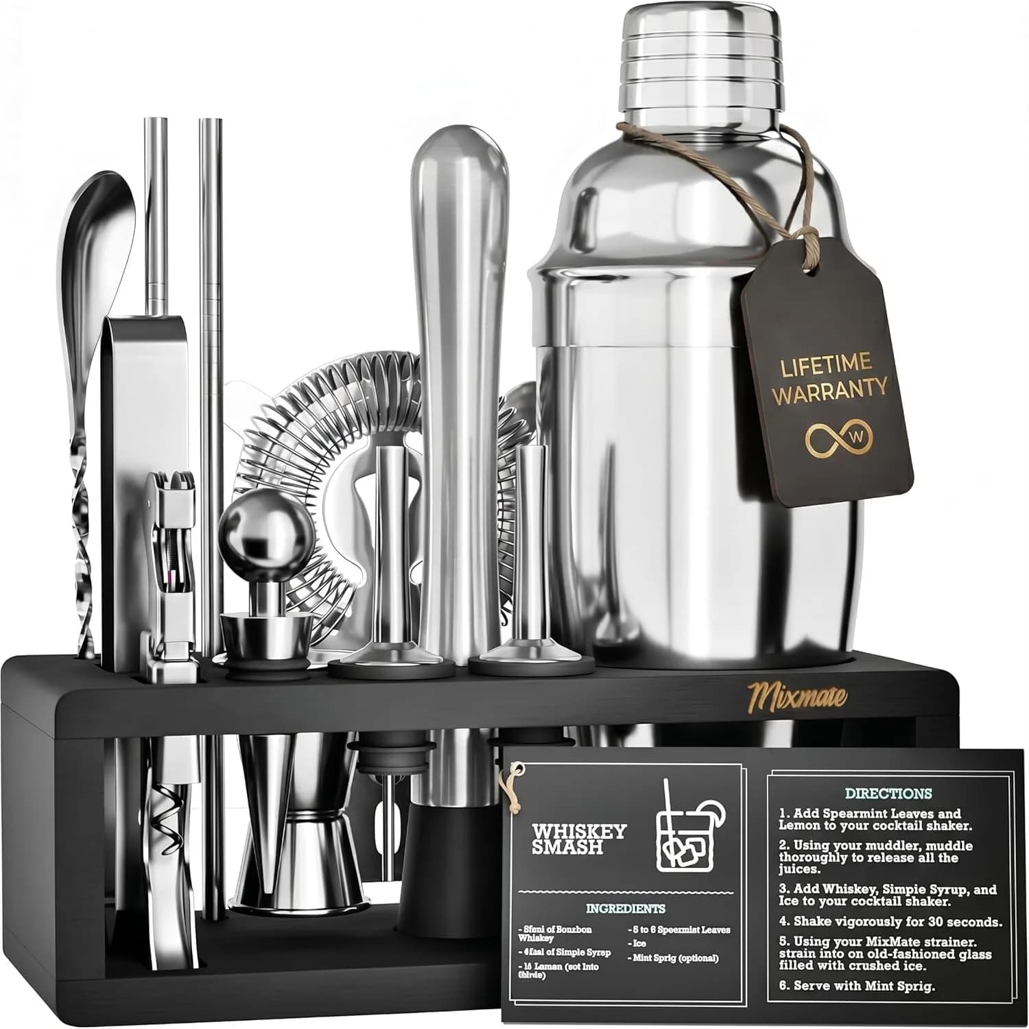 Set di 15 Utensili da Bar con Supporto - Kit Shaker per Cocktail, Include Shaker Martini, Jigger, Colino, Cucchiaio