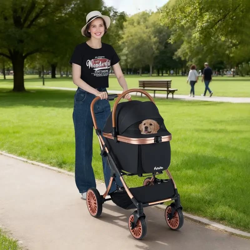 Passeggino pieghevole 3 in 1 per animali domestici con tettuccio parasole e cintura di sicurezza per cani e gatti di taglia piccola e media fino a 25 kg - Nero