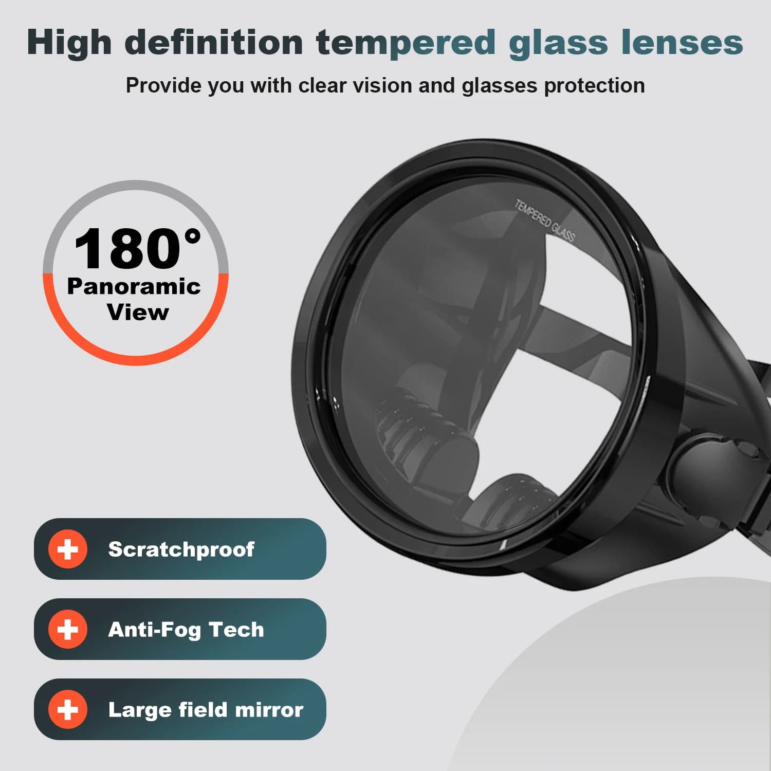 Diving Goggles, Swimming Goggles, 180-Degree Wide-Angle Panoramic View, Tempered Glass and Silicone, Freediving, Snorkeling Mask