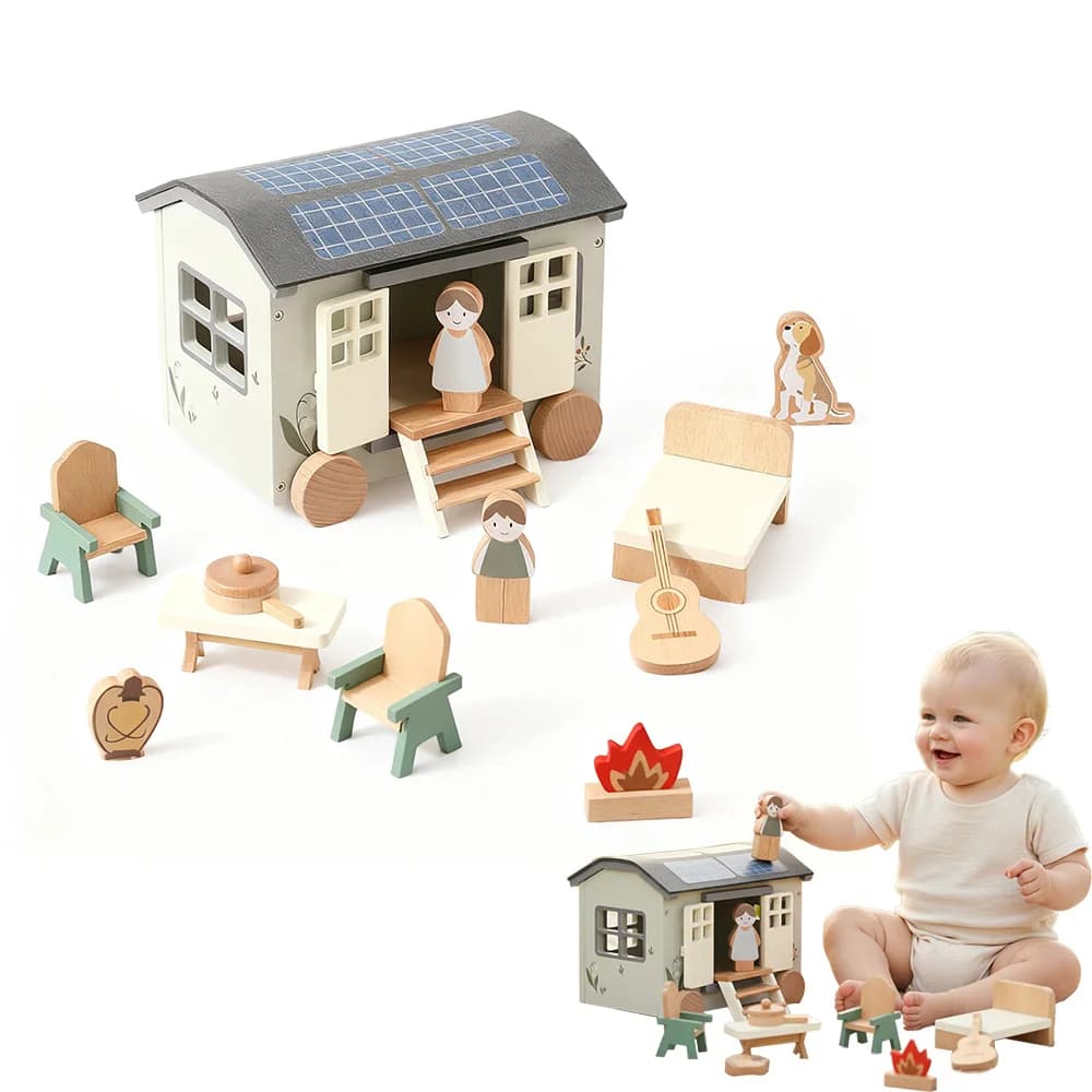 Giocattoli da campeggio per camper, giocattoli educativi in legno per bambini, accessori per case delle bambole, giocattoli da esterno per bambini, set di giocattoli per veicoli da campeggio in legno