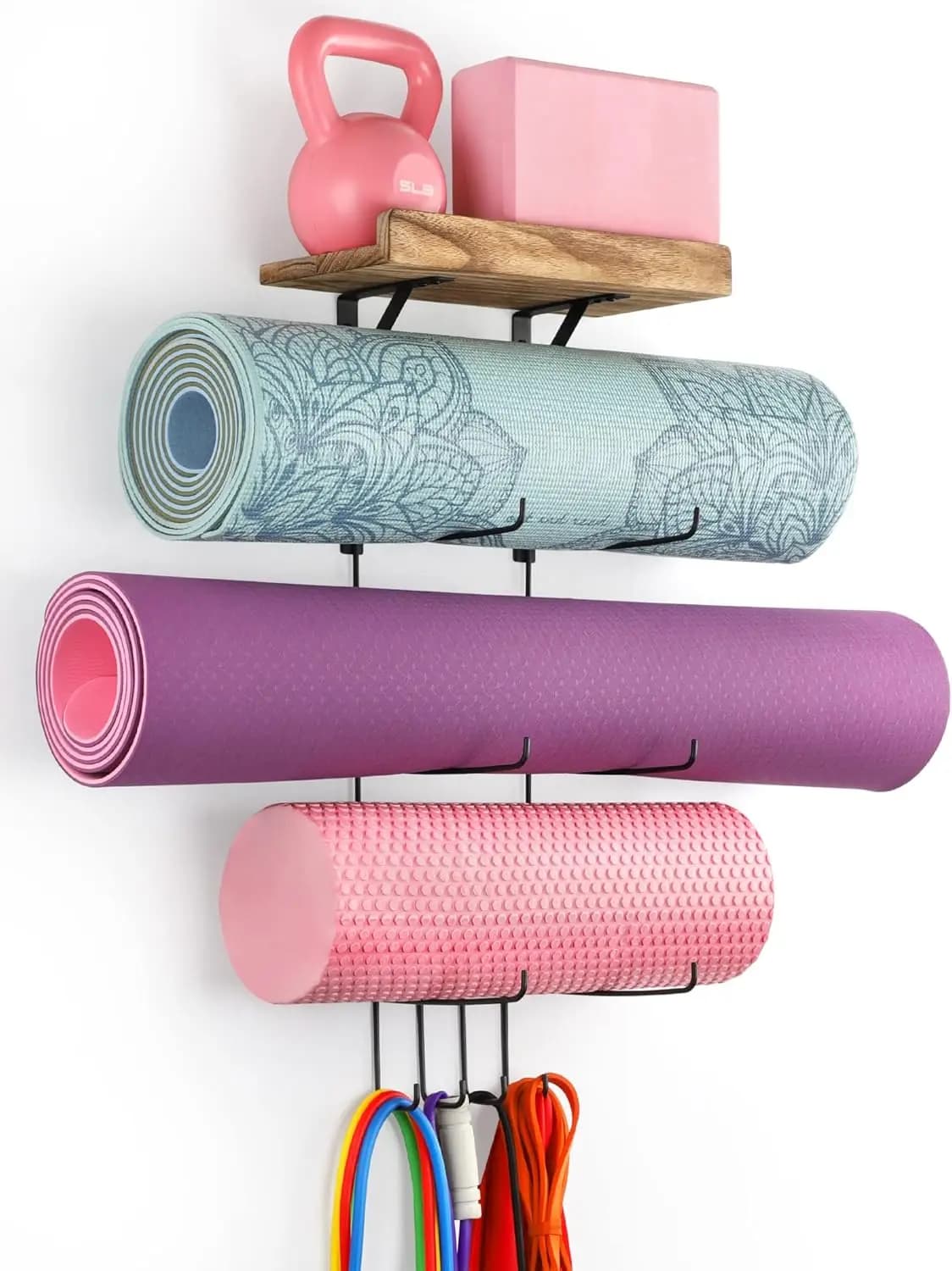 Support for Yoga Mats and Accessories, Decorative Roller Organizer for Foam and Towels Rollers with 4 Hooks and Wood