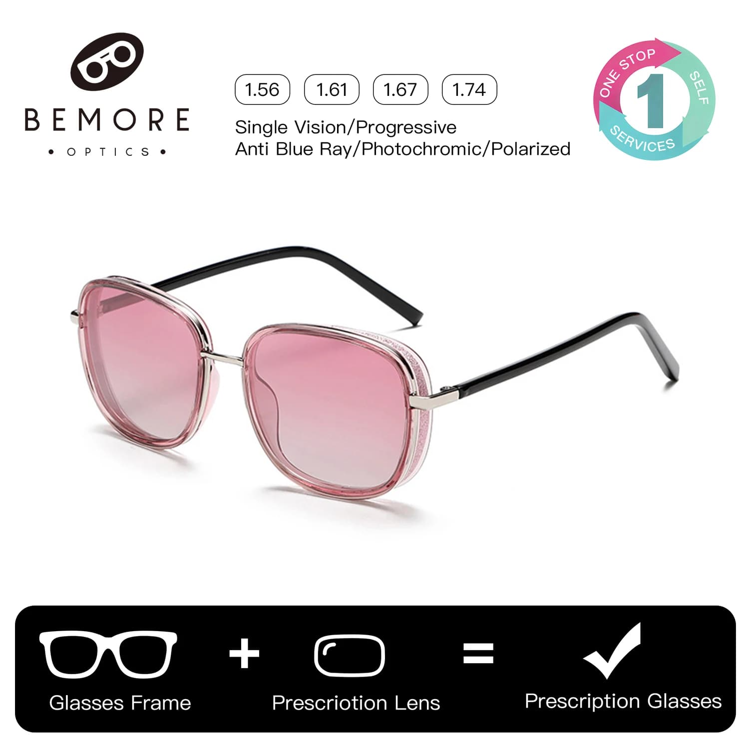 BEMORE Square Prescription Sunglasses For Women Alloy Polarized UV400 Fishing Custom Recipe Optical Glasses
