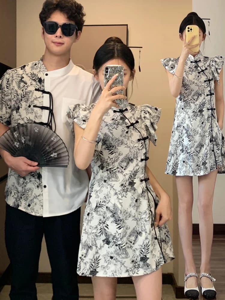 Nuovo Completo Coordinato Cinese per Coppie, Abito Floreale Elegante, Gonna e Camicia per Donna