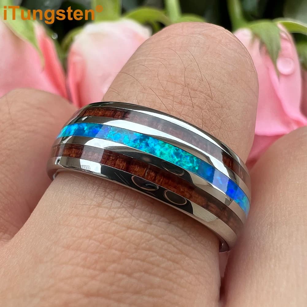 iTungsten 8mm Tungsten Ring for Women Men Genuine Blue Opal Inlay Fashion Jewelry Engagement Wedding Band