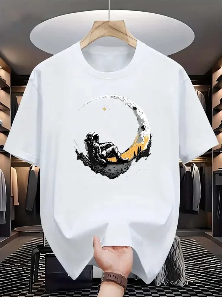 Summer Men Daily Loose Round Neck Astronaut Moon Graphic Printed Short Sleeve T Shirt 100% Pure Cotton Soft Breathable Casual Tops