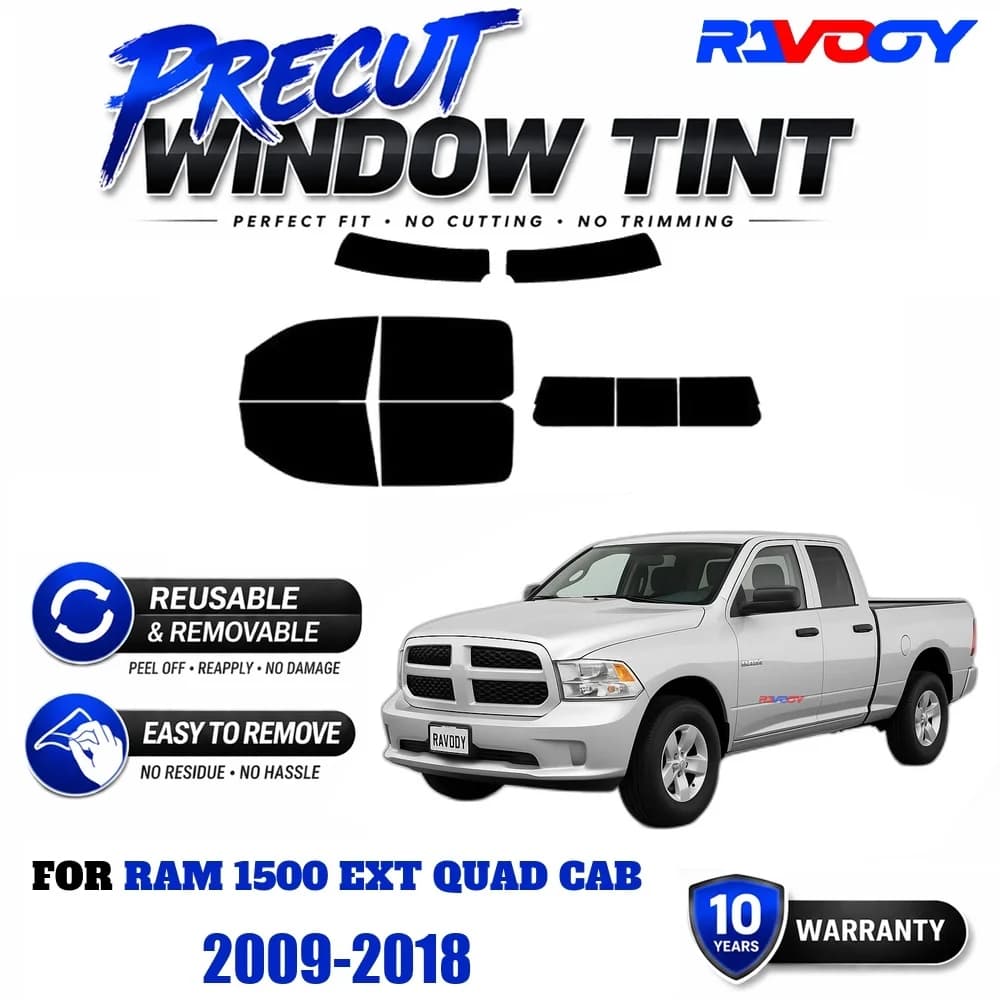 RAVOOY Precut Window Tint, Reusable Removable EPU Film, Custom Fit for Ram 1500 Ext Quad Cab 2009-2018, UV Heat Protection