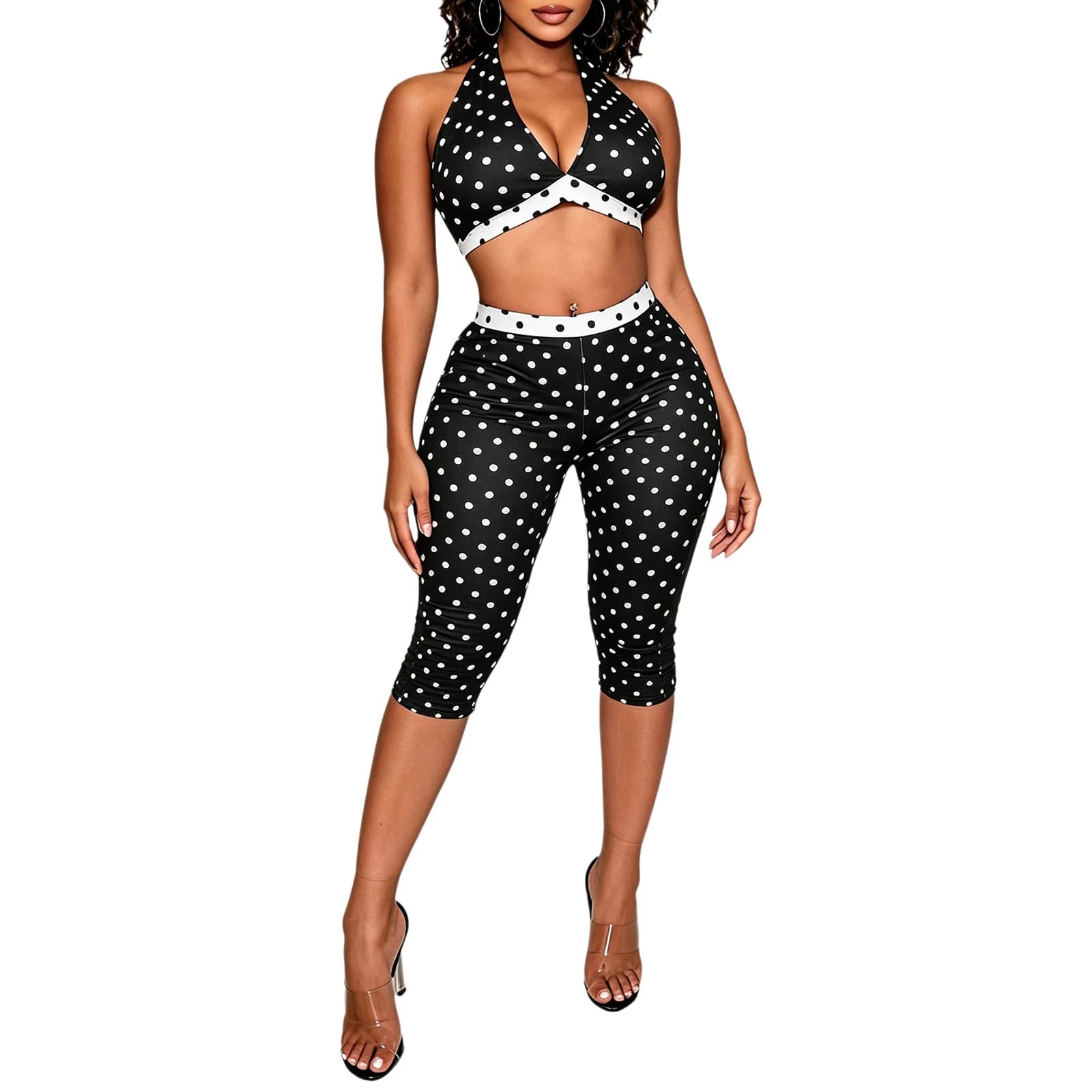 Women's Sexy Outfit Polka Dot Printed Halter Neck Backless Retro Crop Tops with Fifth Pants Beachwear Rave Party Night Clubwear
