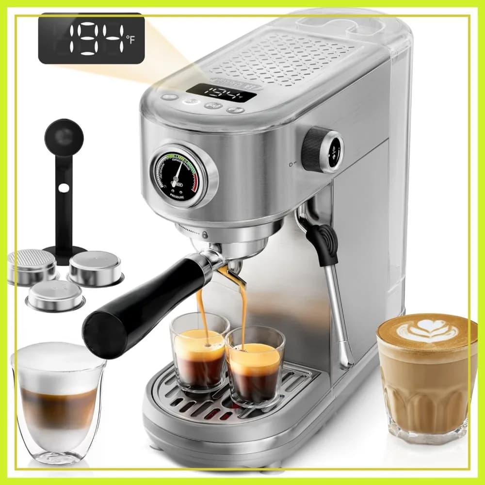 Macchina Professionale per Espresso con Montalatte, Temperatura Regolabile e Manometro, in Acciaio Inossidabile