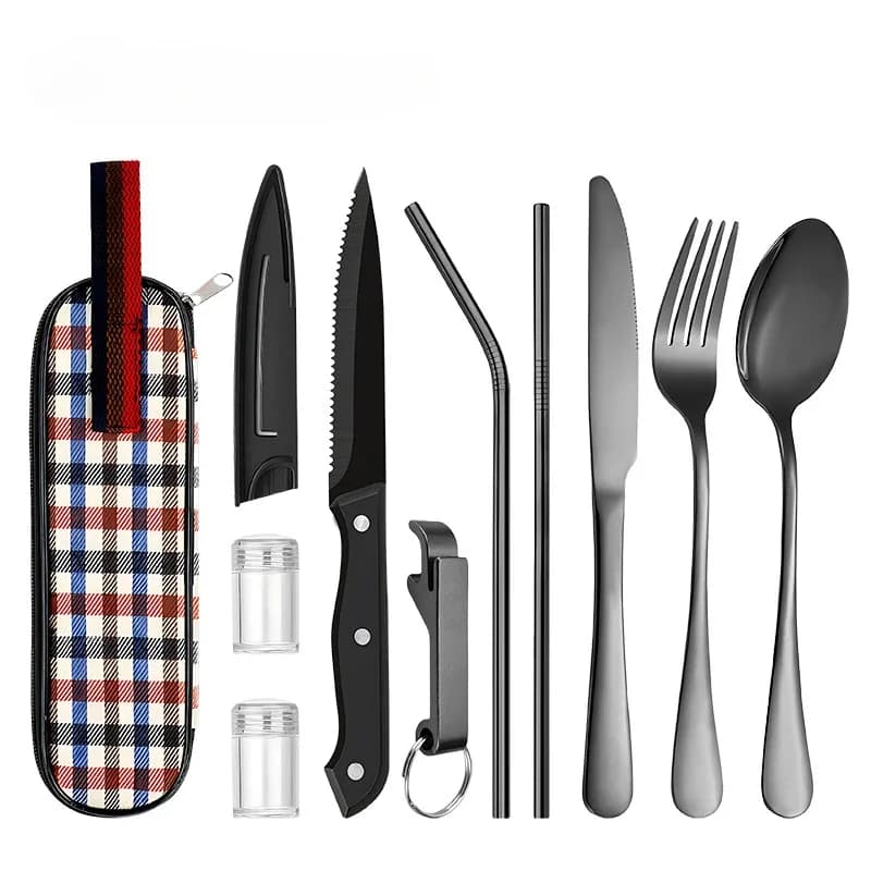 Posate in acciaio inossidabile coltello forchetta cucchiaio coltello da bistecca bottiglia di spezie cannuccia set portatile da viaggio all'aperto