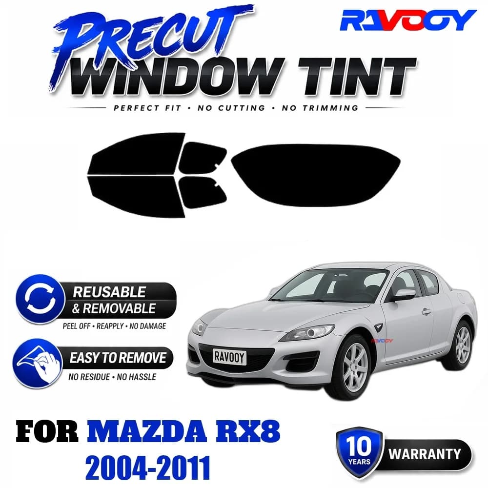 RAVOOY Precut Window Tint, Reusable Removable EPU Film, Custom Fit for Mazda RX8 2004-2011, UV Heat Protection