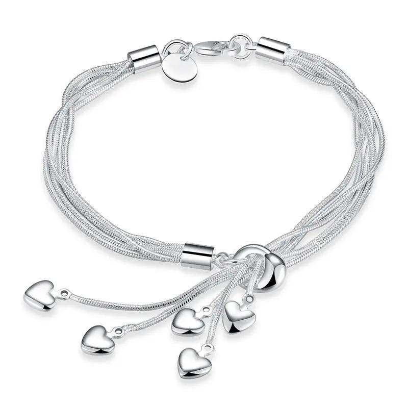 New Charm 925 Sterling Silver 8 Inches Tassel Heart Chain Bracelet For Women Fashion Jewelry Gifts Party Accessories