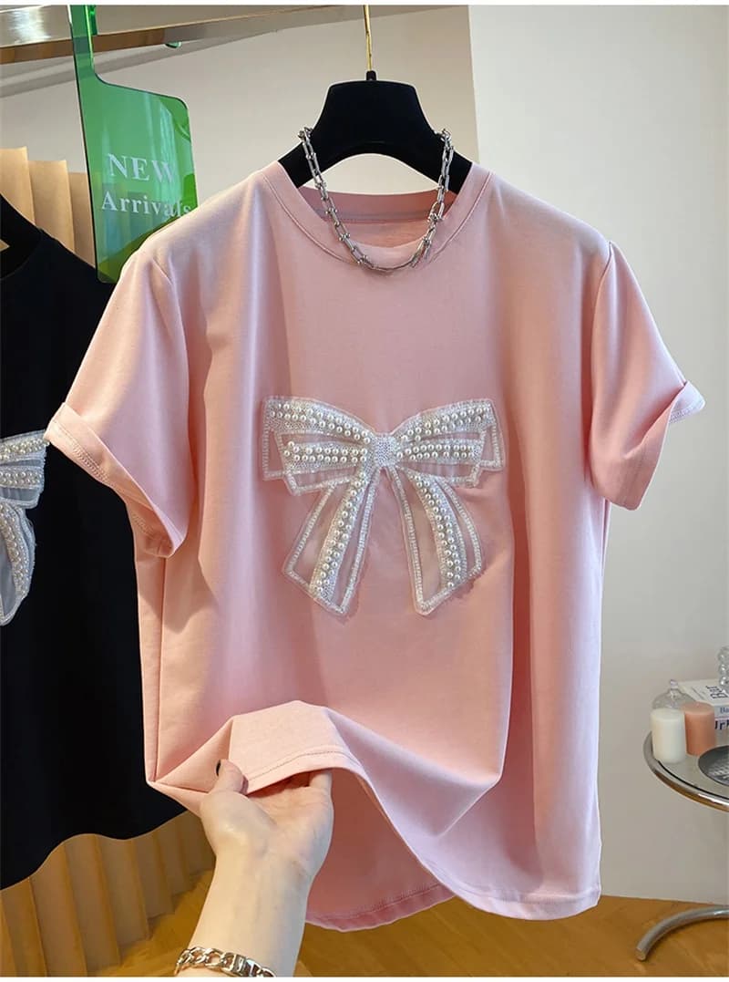 Pearl Knot Short Sleeve T-Shirt Women's Loose Summer Japanese Style Dopaamine Top Heavy Embroidery Cotton...