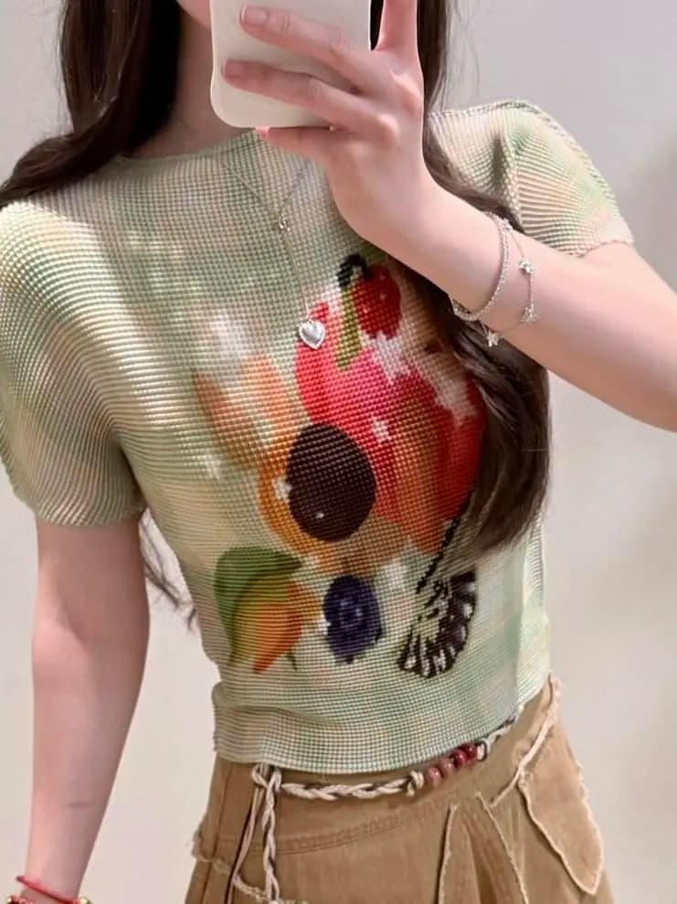 Green Fruit Print Short Sleeve Shirt Women's Summer Fashion Slim Fit Top Korean Style Casual Wear Versatile Print T-Shirt
