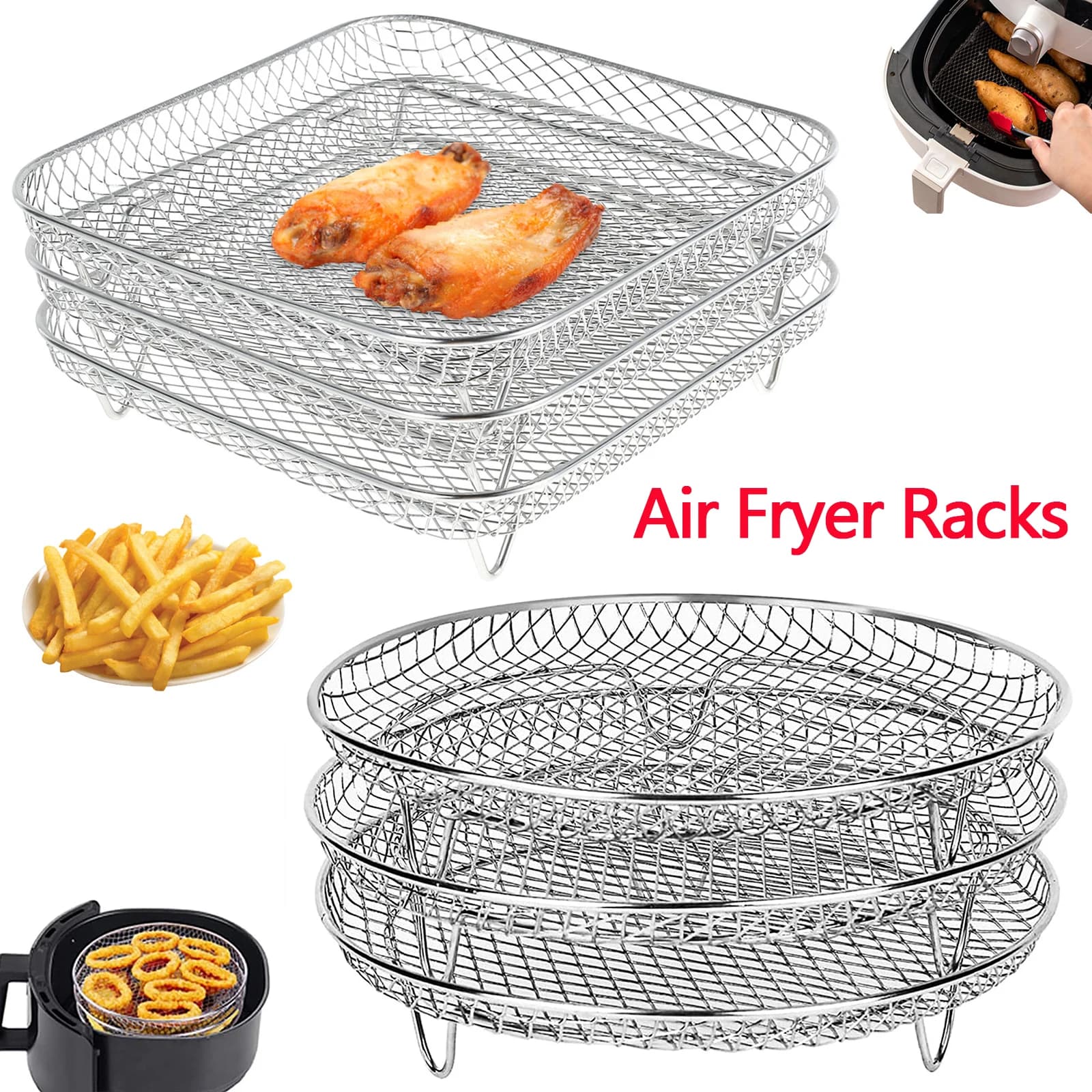 Air Frying Grid Square/ Round Oven Grill Air Frying Accessories Stainless Steel Stackable Barbecue Grill Food Basket