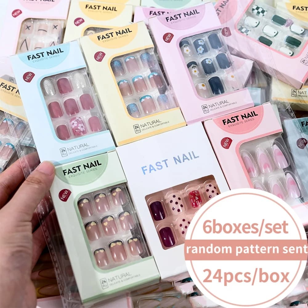 6 boxes/set fingernails fake square short design love print on nails mixed style random pattern sent complete cover reusable tips for fake nails