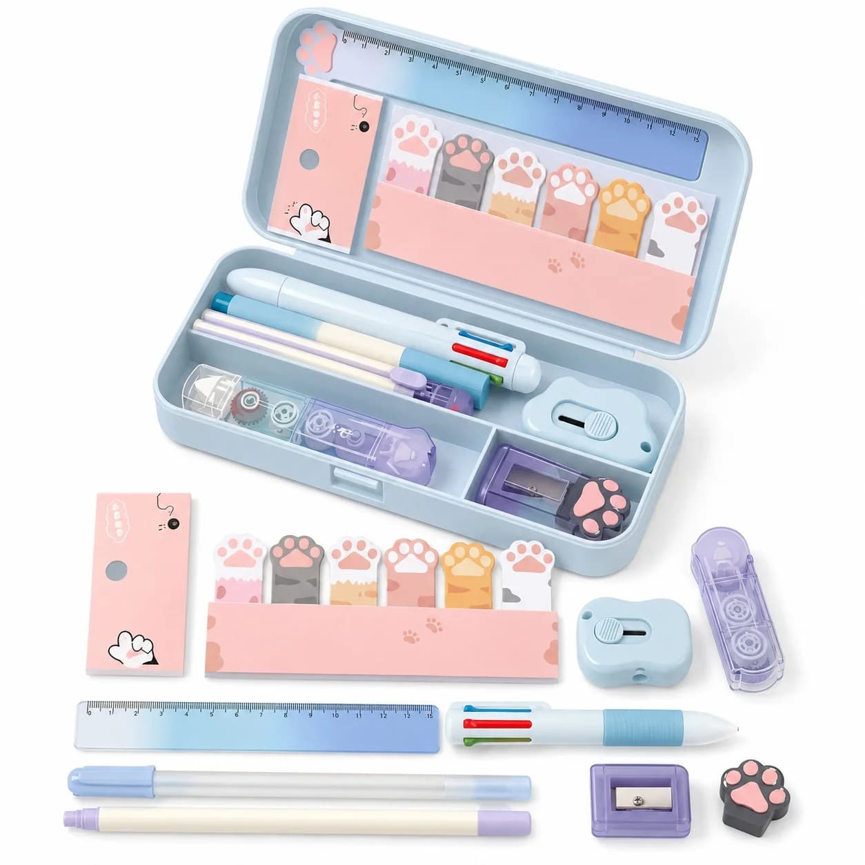 Gradient Blue Stationery Set with Pencil Case, Frosted Finish, Sharpener, Correction Tape, Highlighters and Sticky Notes