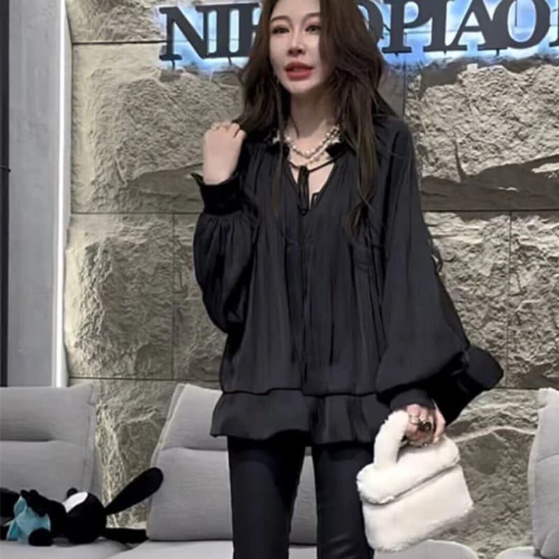 V-neck Long-sleeved Solid Color Shirt for Women with Popular Ruffled Doll Shirt Loose Tops