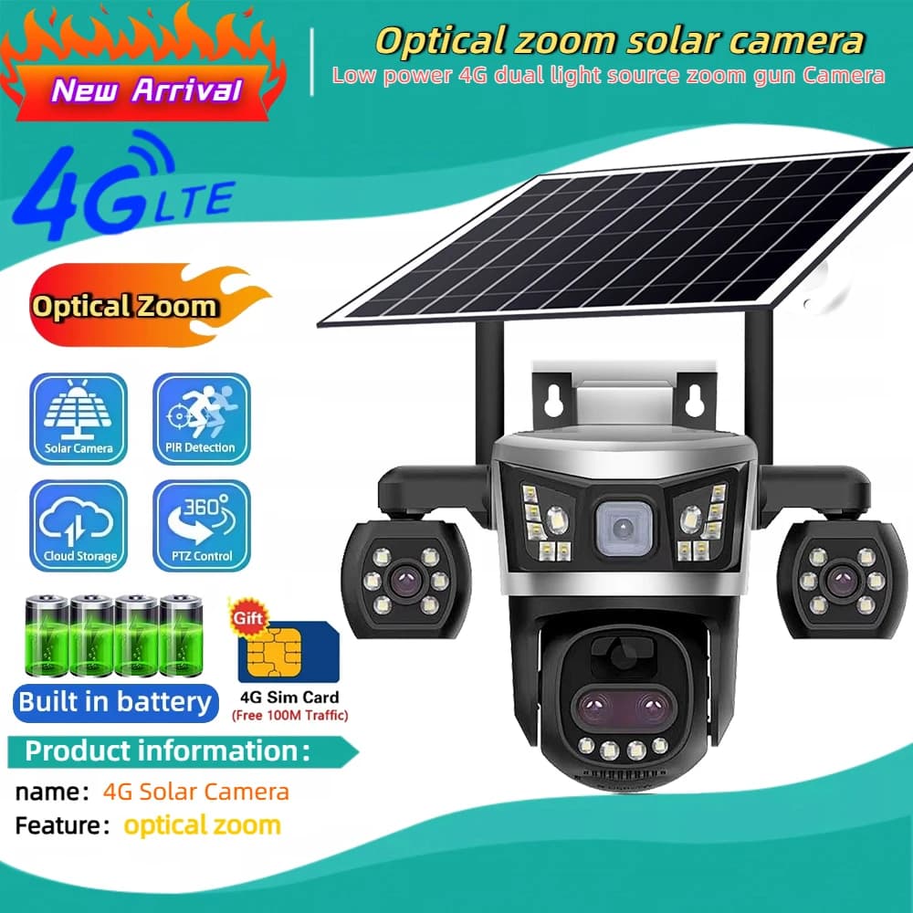 Telecamera Esterna 4G con Scheda SIM, Zoom Ottico 10x, 4 Lenti, 4 Schermi, Telecamere Solari con Tracciamento Automatico, Visione Notturna, Protezione di Sicurezza CCTV